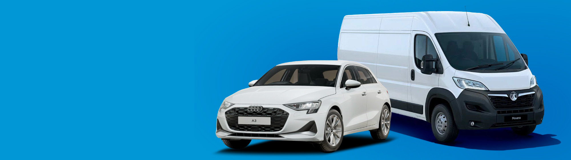 Audi car and Vauxhall van with blue background