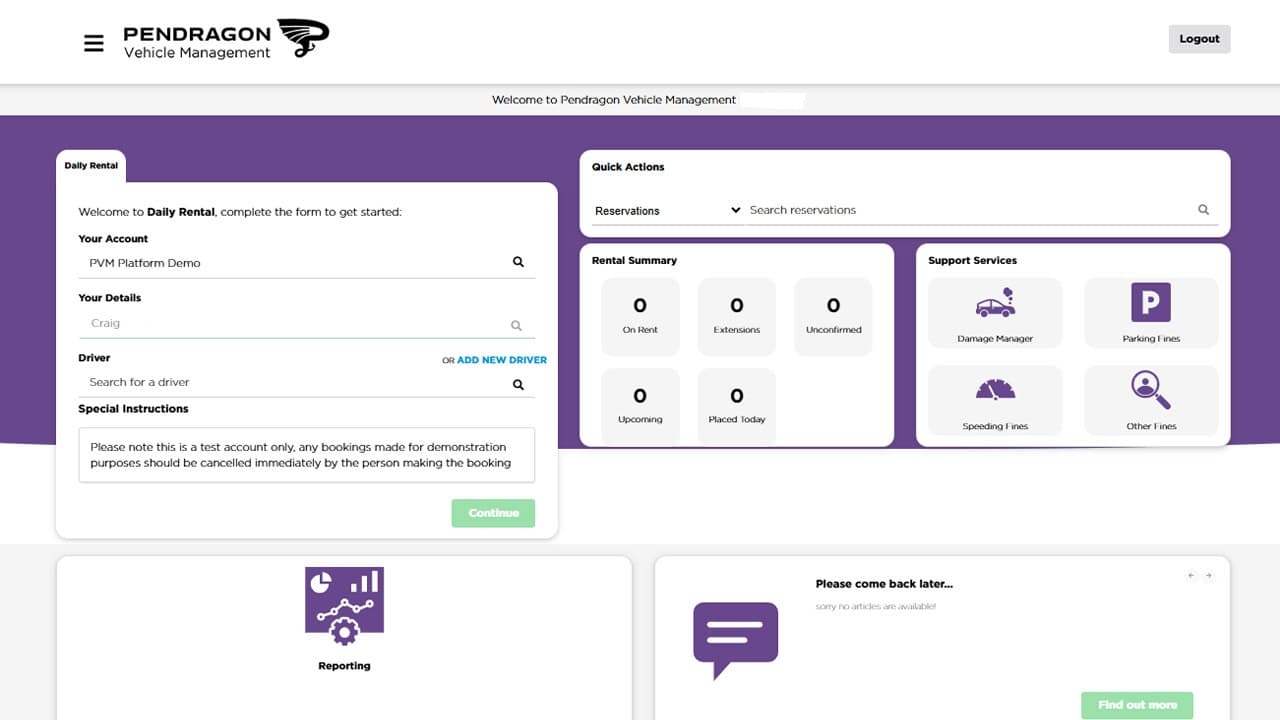 PVM Rental Portal dashboard screenshot
